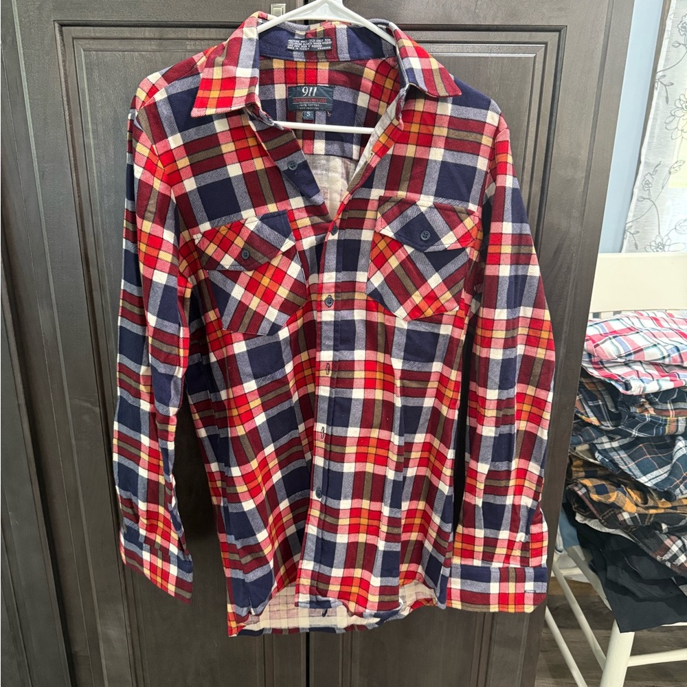 Vintage 911 Sportswear Red and Blue Plaid flannel Button-Up Shirt, size small
